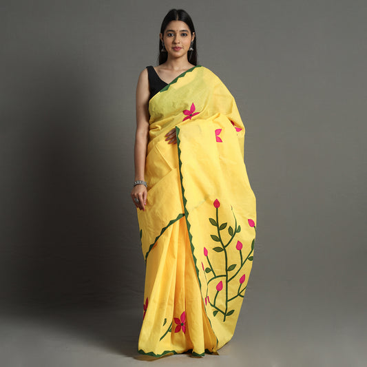 Yellow - Applique Patti Kaam Pure Cotton Saree from Rampur 20