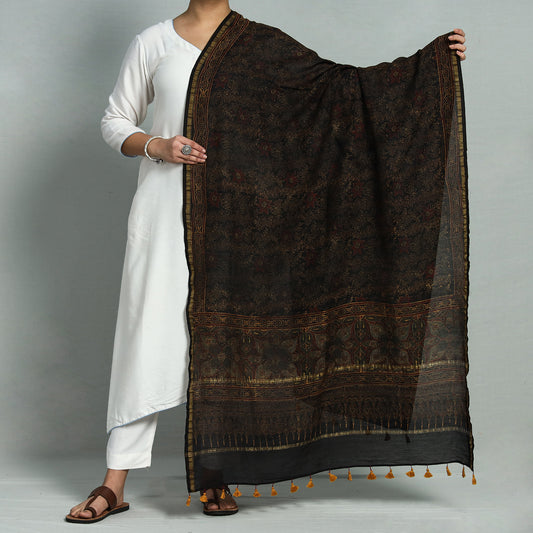 Black - Ajrakh Hand Block Printed Chanderi Silk Handloom Dupatta with Tassels