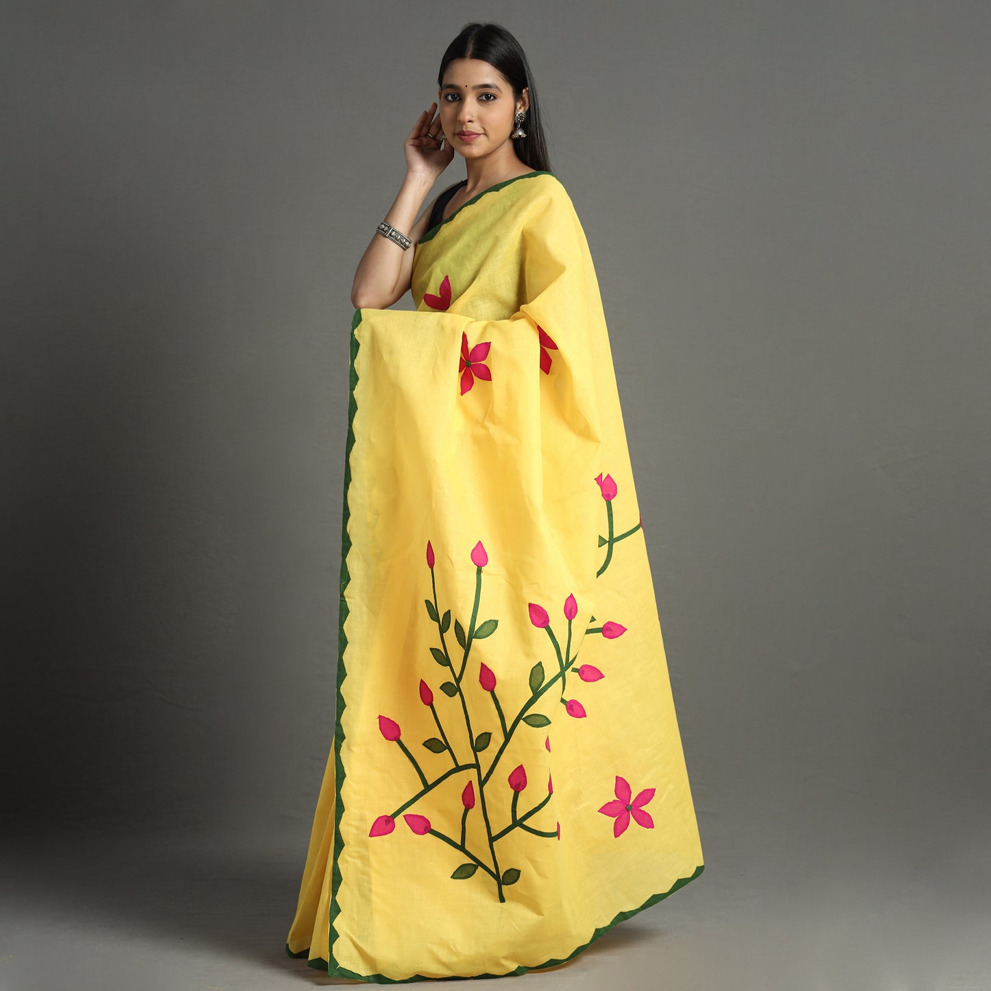 Yellow - Applique Patti Kaam Pure Cotton Saree from Rampur 20