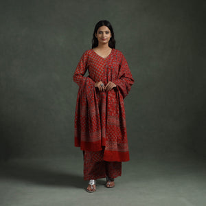 Red - Ajrakh Hand Block Print Natural Dyed Cotton Suit Set with Dupatta for women 02