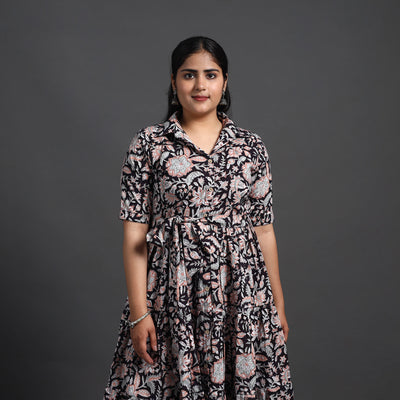 Black - Tiered Cotton Block Print Sanganeri Dress 09