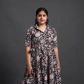 Buy Black Tiered Cotton Block Print Sanganeri Dress