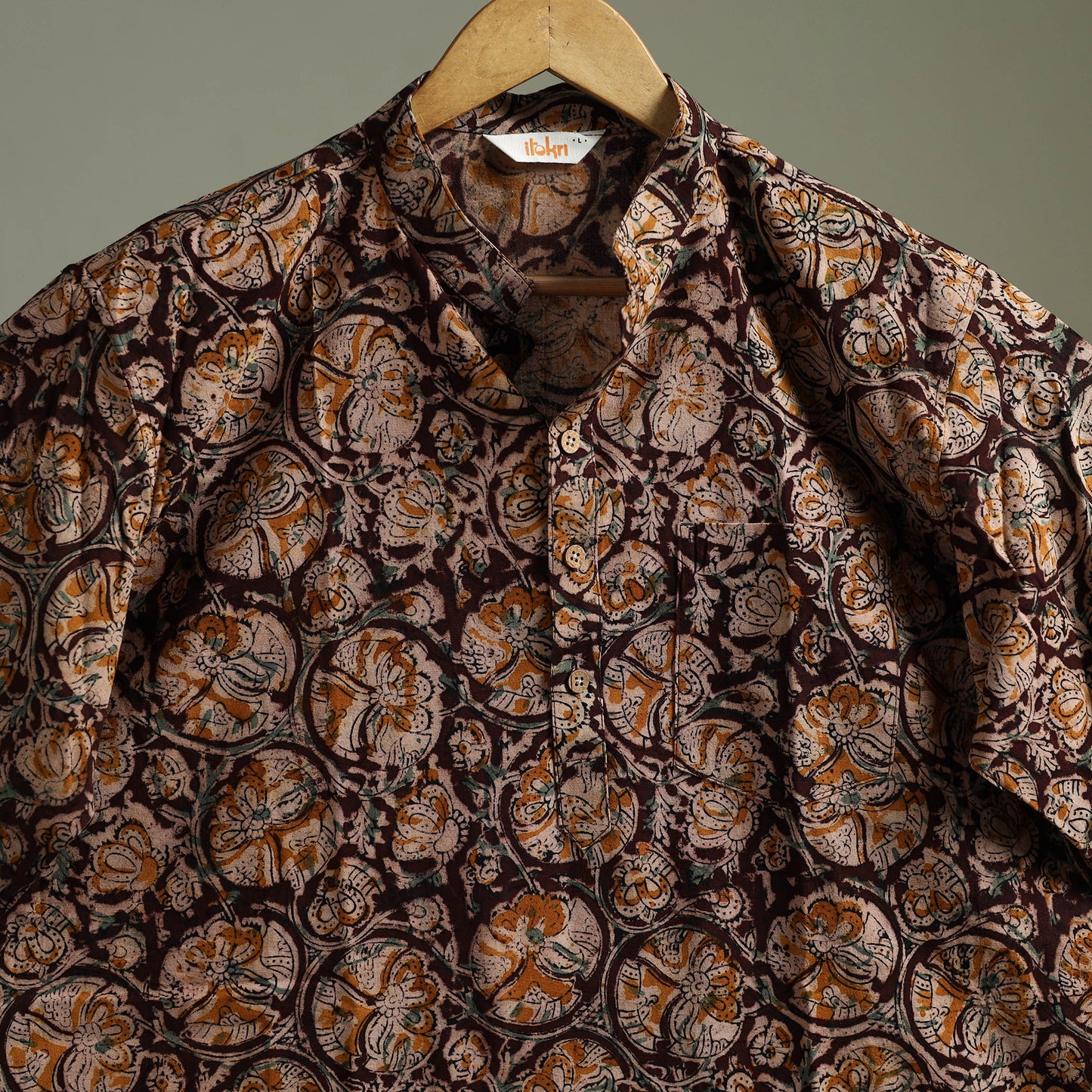 Hand Block Print Natural Dyed Cotton Short Kalamkari Kurta for Men 10