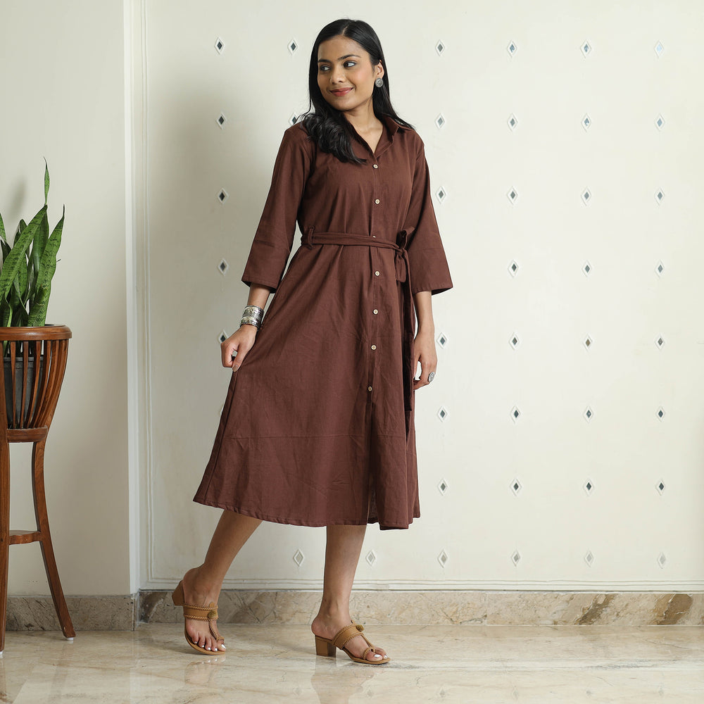 Brown - Plain Flex Cotton Collared Neck Buttoned Down Dress