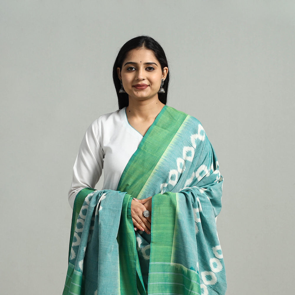 Green - Handloom Cotton Pochampally Ikat Dupatta 12