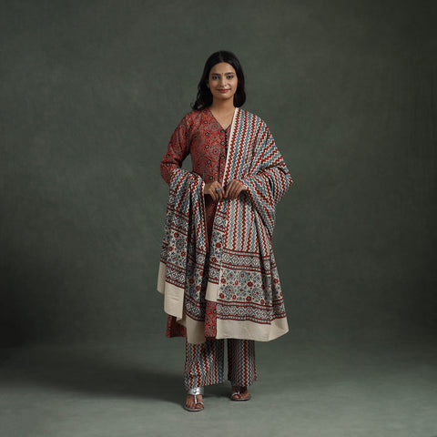 Red - Ajrakh Hand Block Print Natural Dyed Cotton Suit Set with Dupatta for women 08