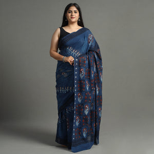 Blue - Indigo Nandana Dabu Block Printed Mul Cotton Saree 27