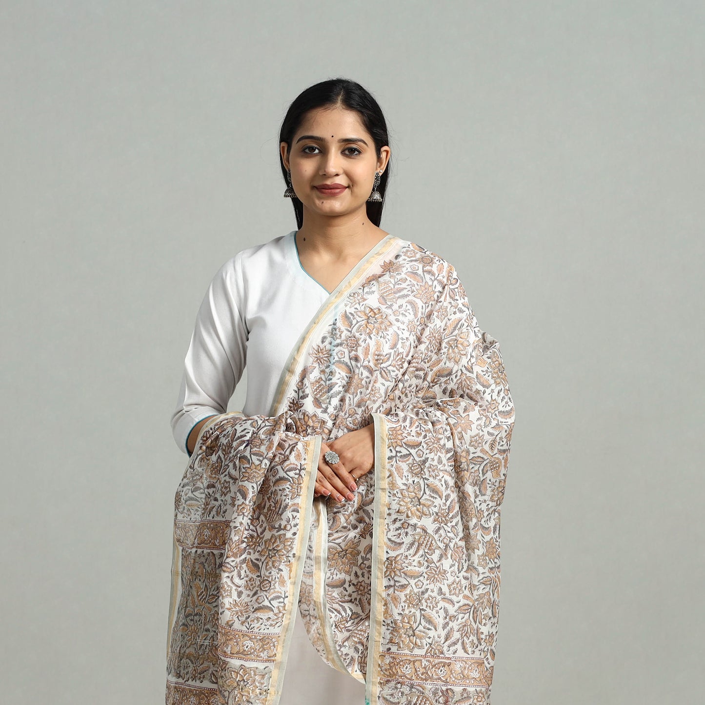 Chanderi Silk Sanganeri Print Dupatta with Zari Border 33