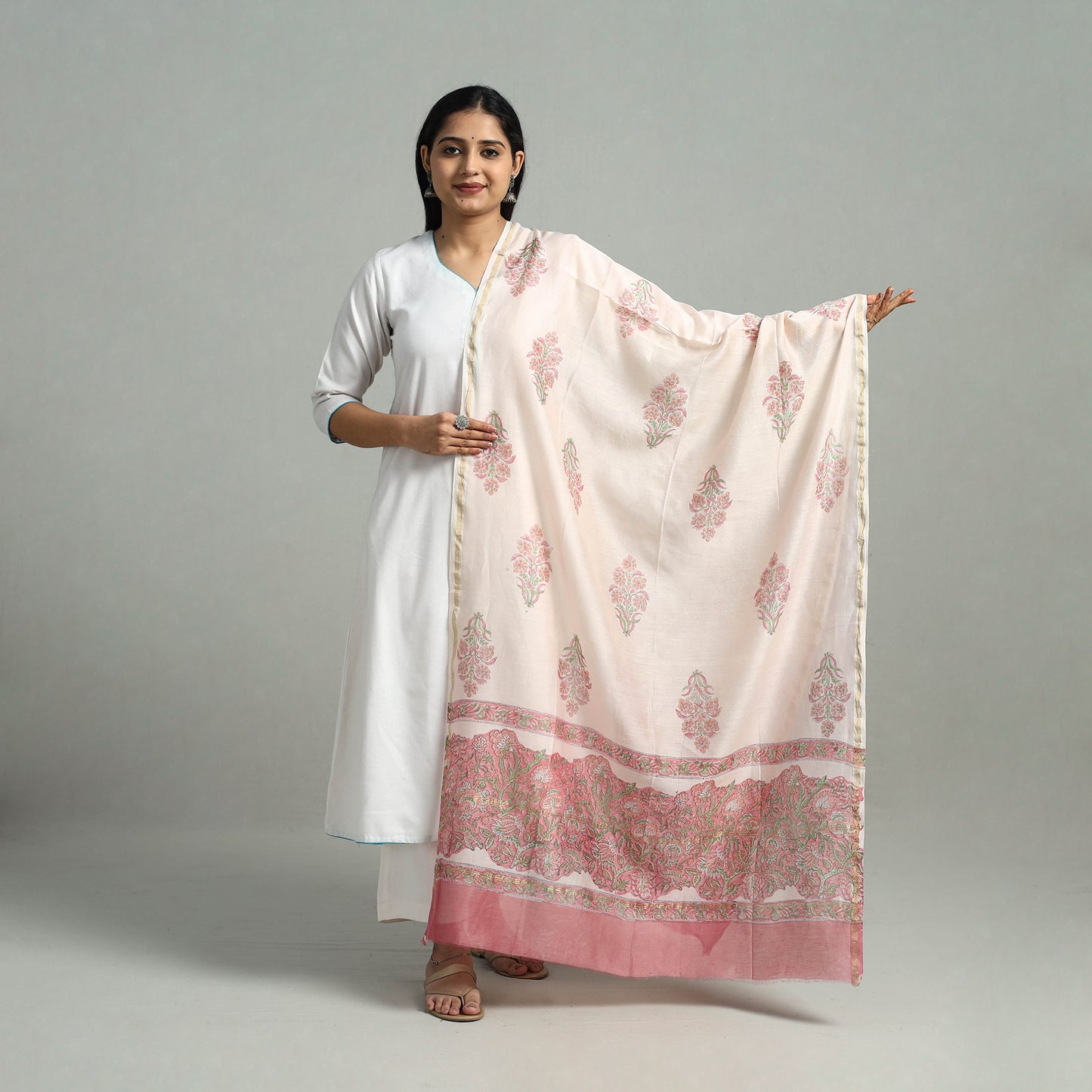 Chanderi Silk Sanganeri Print Dupatta with Zari Border 11