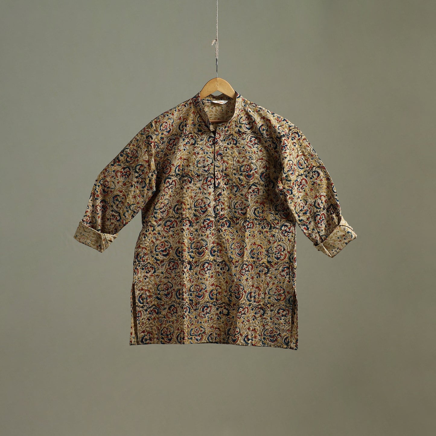 Hand Block Print Natural Dyed Cotton Short Kalamkari Kurta for Men 02