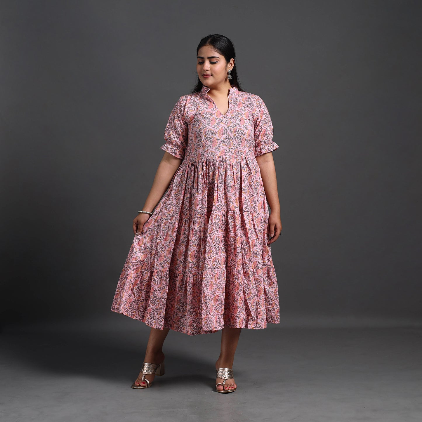 Pink - Tiered Cotton Jaipur Print Dress 14