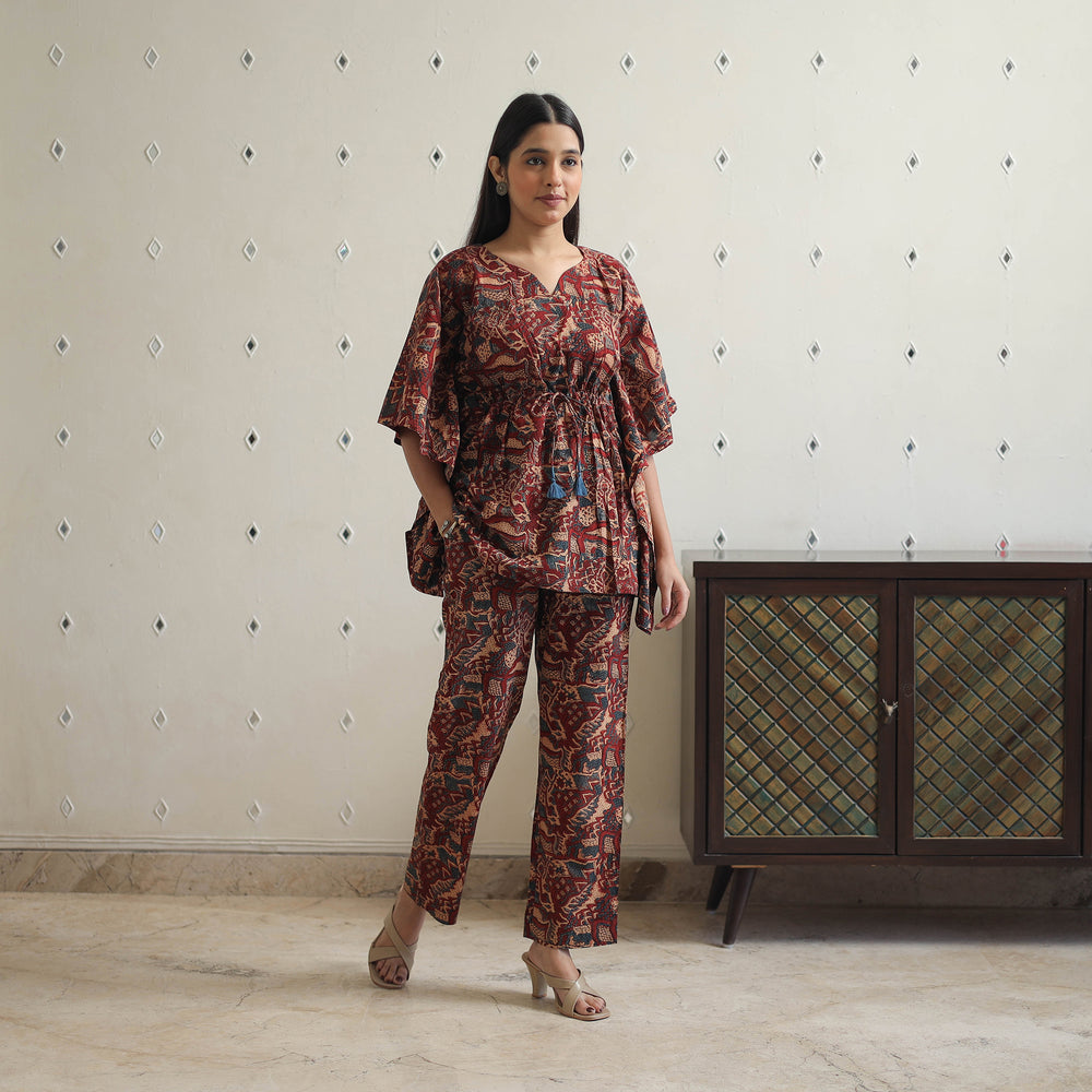 Brown - Block Printed Cotton Kaftan Ajrakh Co-ord Set 11