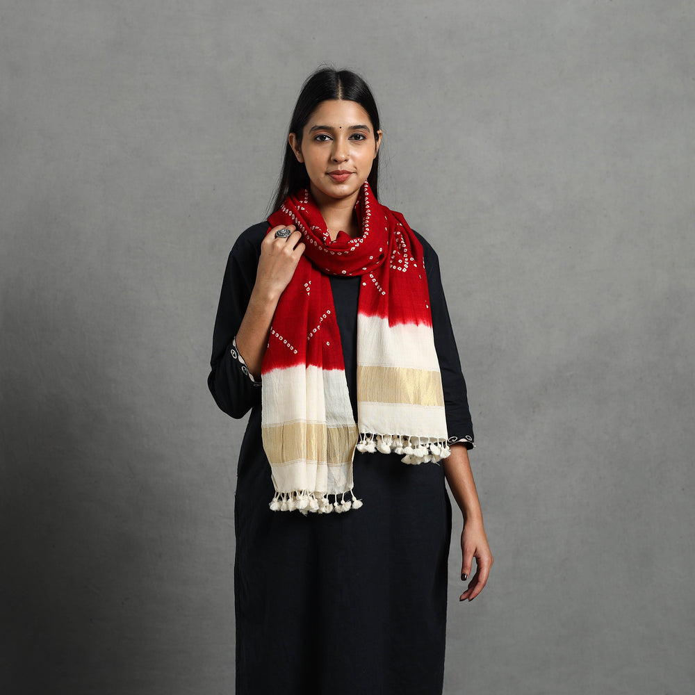 Red - Kutch Handwoven Merino Wool Bandhani Stole with Zari 18