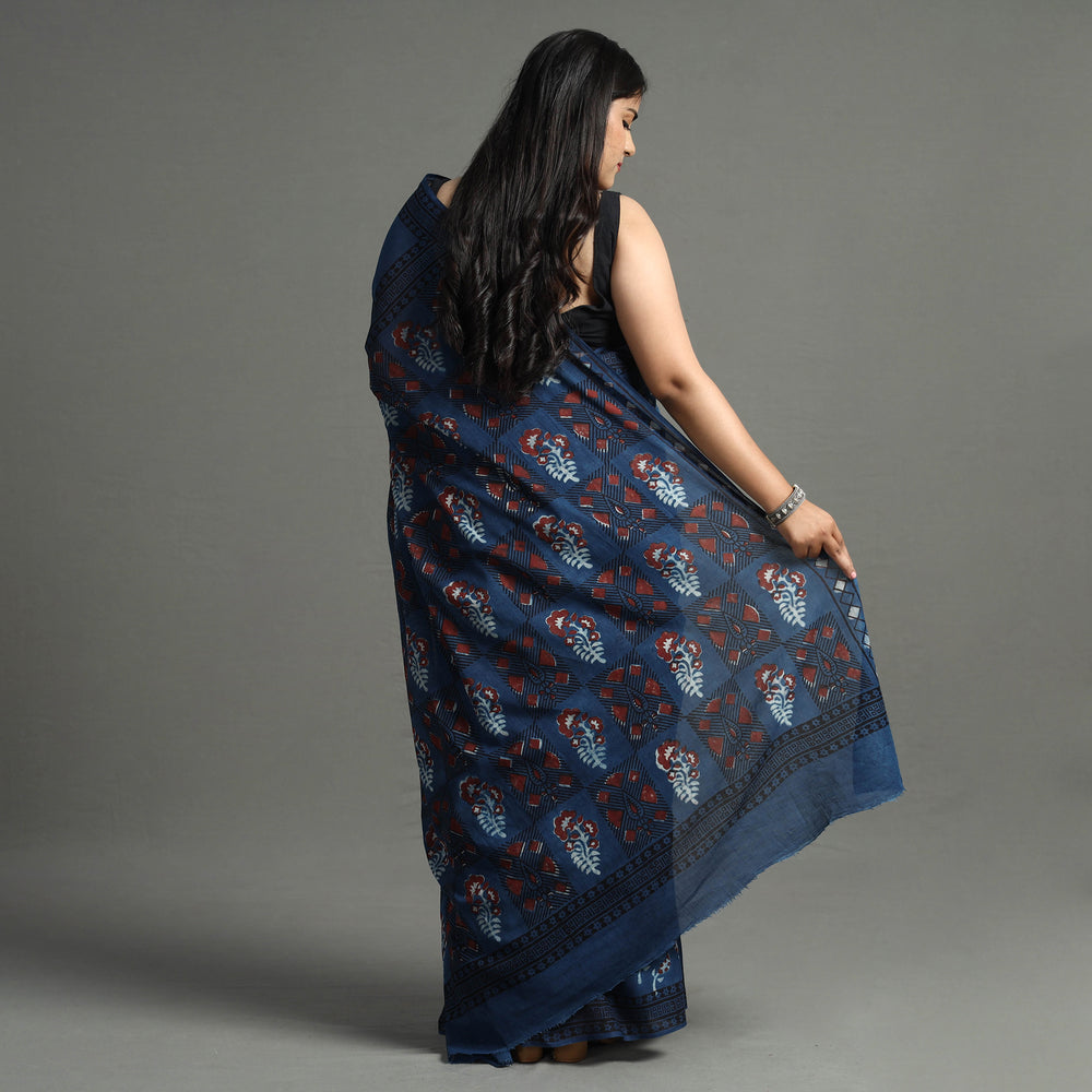 Blue - Indigo Nandana Dabu Block Printed Mul Cotton Saree 27