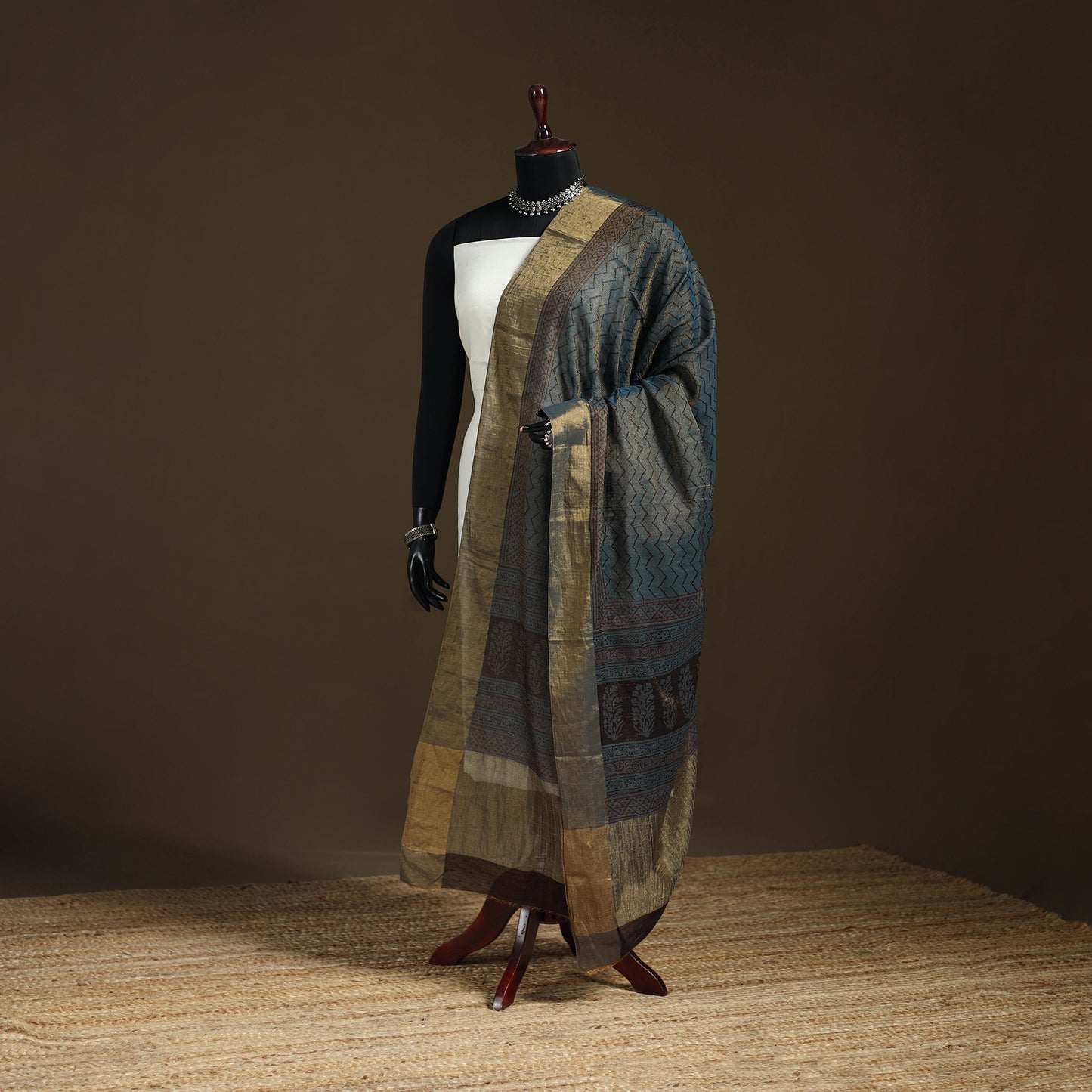 Bagh Hand Block Print Natural Dyed Tissue Zari Chanderi Silk Dupatta 02