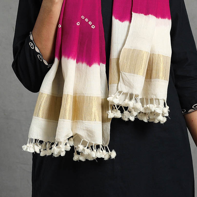 Pink - Kutch Handwoven Merino Wool Bandhani Stole with Zari 19