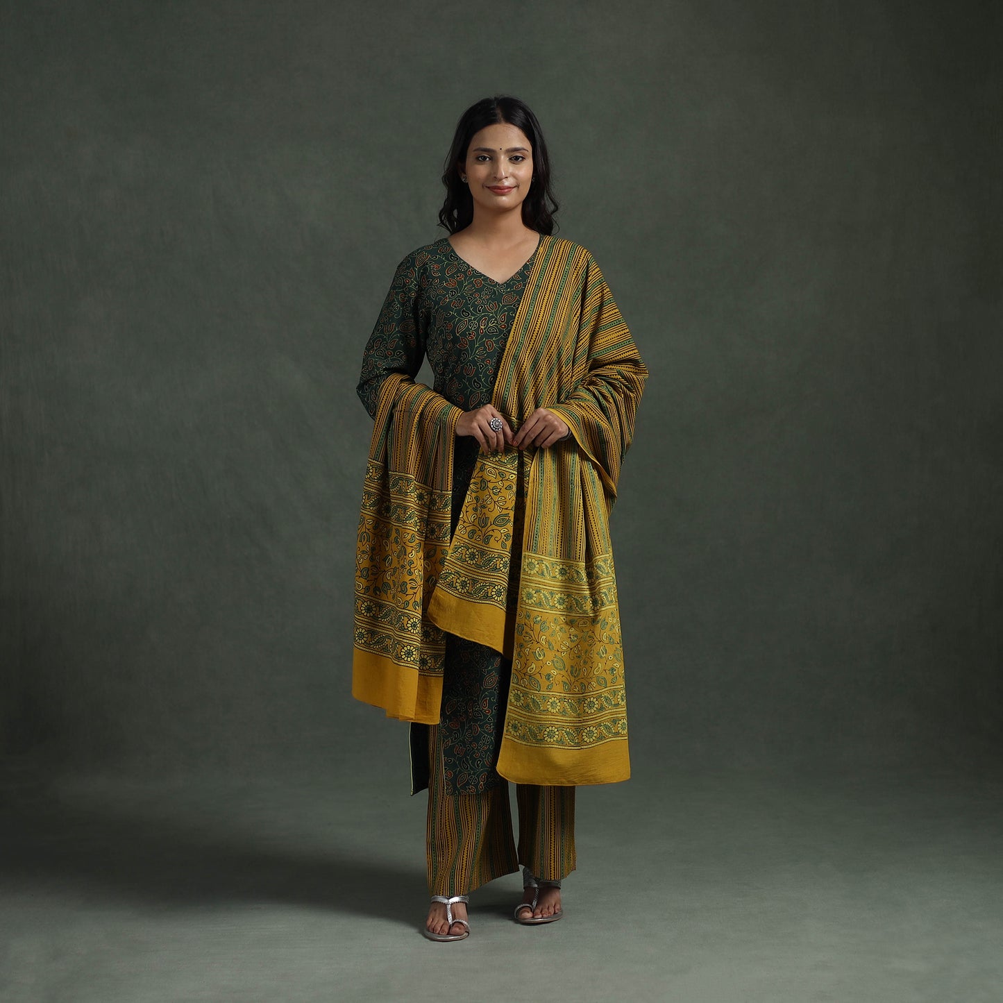 Ajrakh Hand Block Print Natural Dyed Cotton Suit Set with Dupatta for women 04
