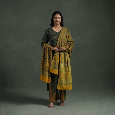 Ajrakh Hand Block Print Natural Dyed Cotton Suit Set with Dupatta for women 04