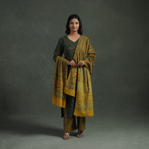 Green - Ajrakh Hand Block Print Natural Dyed Cotton Suit Set with Dupatta for women 04