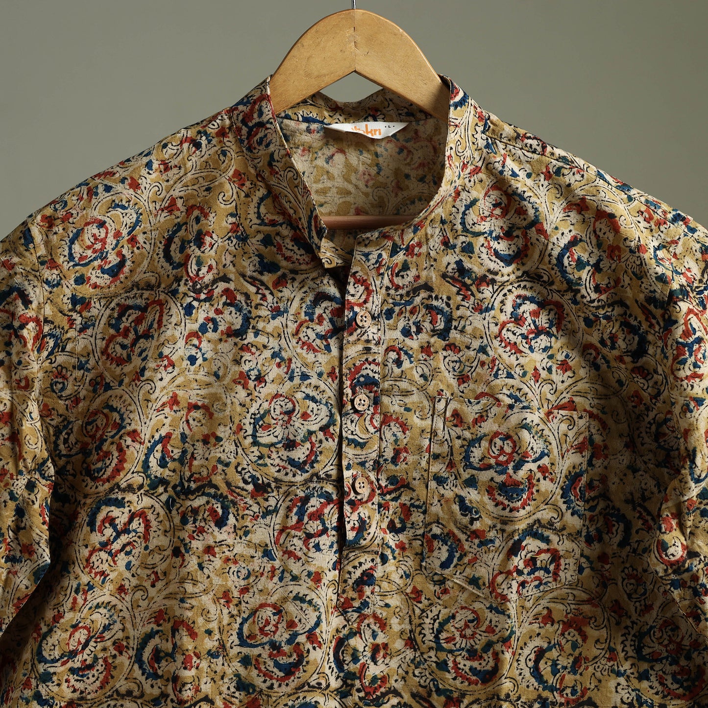Hand Block Print Natural Dyed Cotton Short Kalamkari Kurta for Men 02