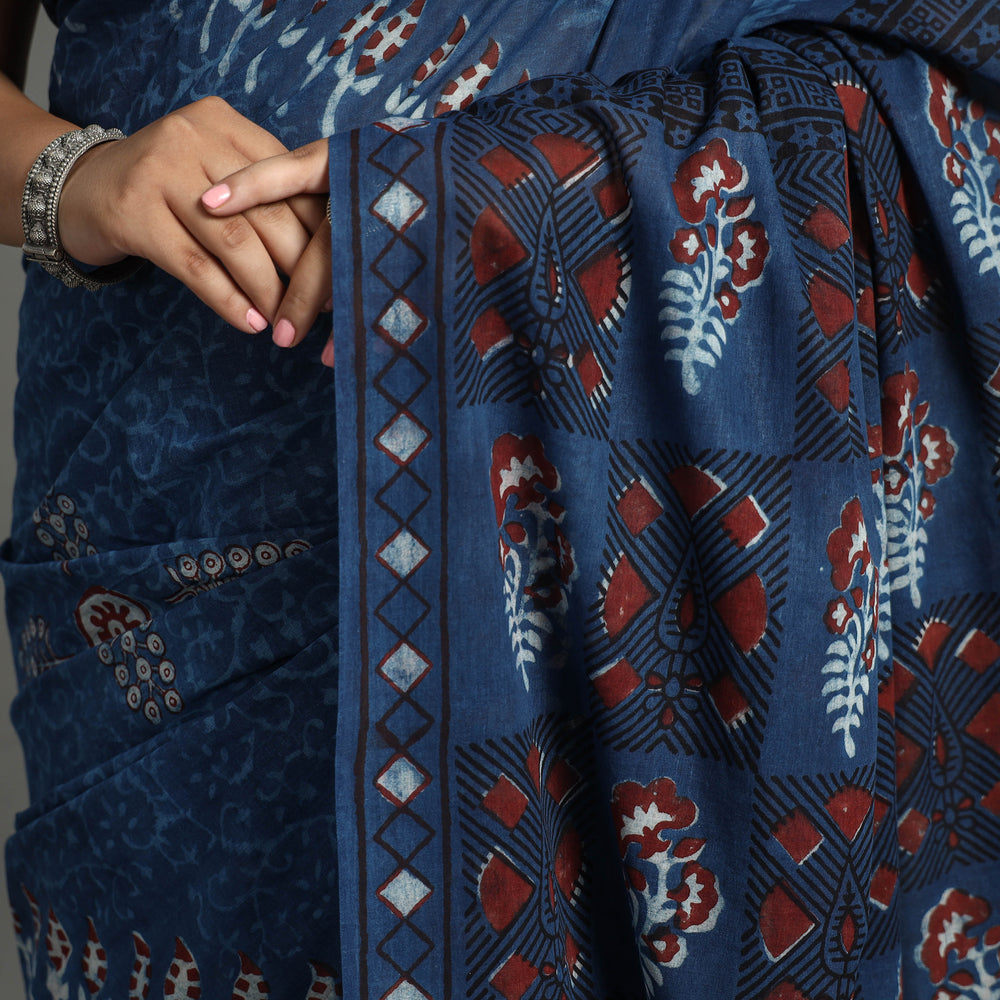 Blue - Indigo Nandana Dabu Block Printed Mul Cotton Saree 27