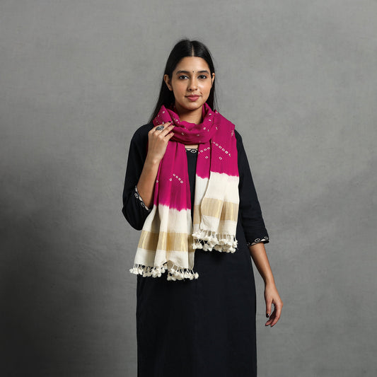 Pink - Kutch Handwoven Merino Wool Bandhani Stole with Zari 19