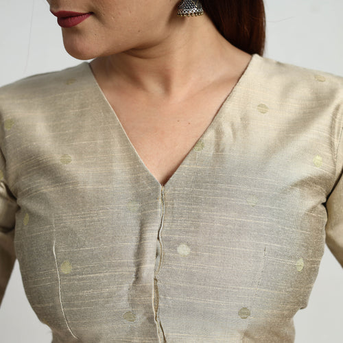 Beige - Polka Dot Zari Buti Silk Stitched Plain Blouse 08