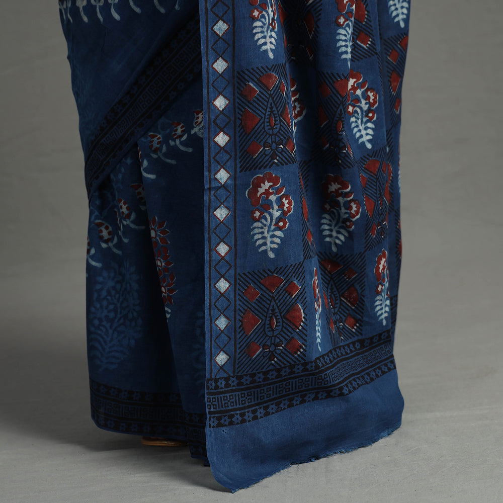 Blue - Indigo Nandana Dabu Block Printed Mul Cotton Saree 27