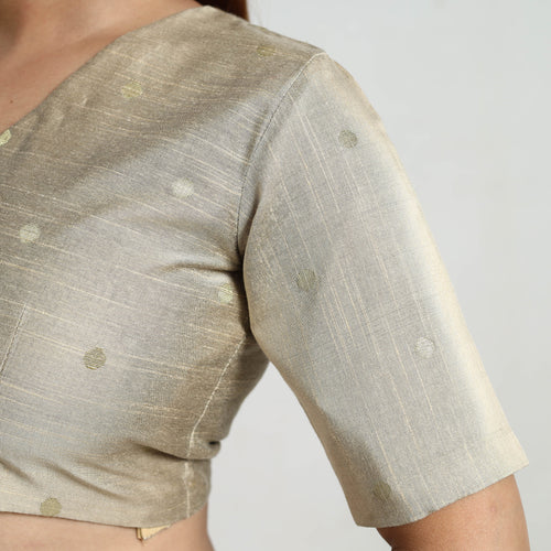 Beige - Polka Dot Zari Buti Silk Stitched Plain Blouse 08