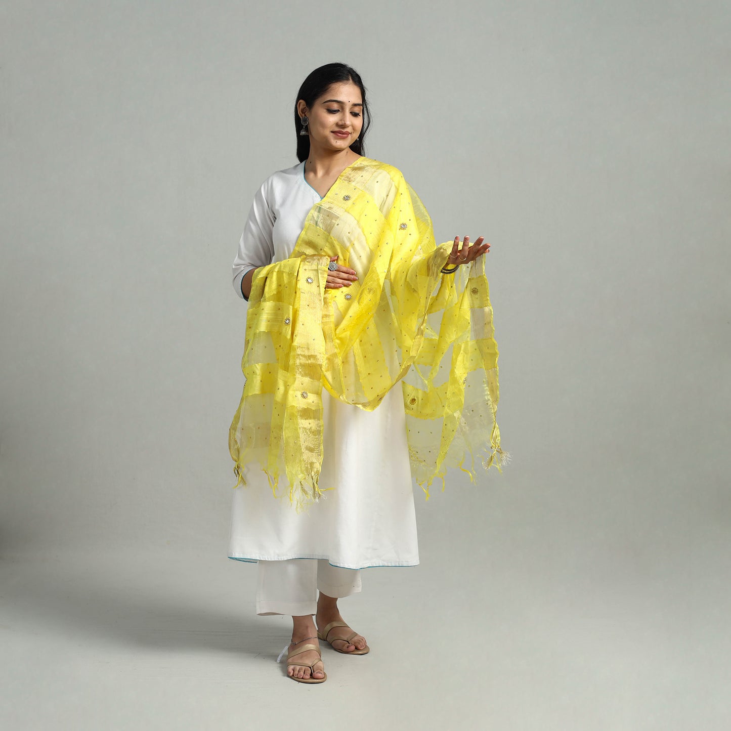 Yellow - Jaipur Tissue Stone Work Dupatta