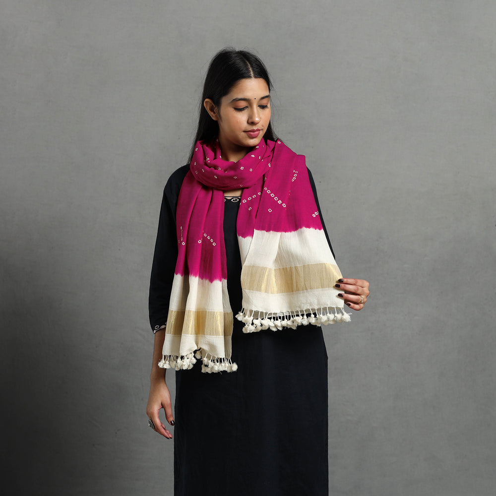 Pink - Kutch Handwoven Merino Wool Bandhani Stole with Zari 19