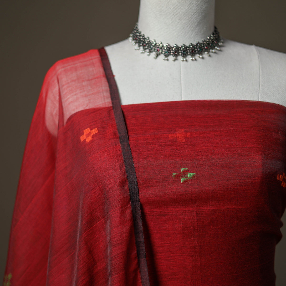 Jamdani Pure Handloom Muslin Unstitched Dress Material: Kurta with Dupatta 14