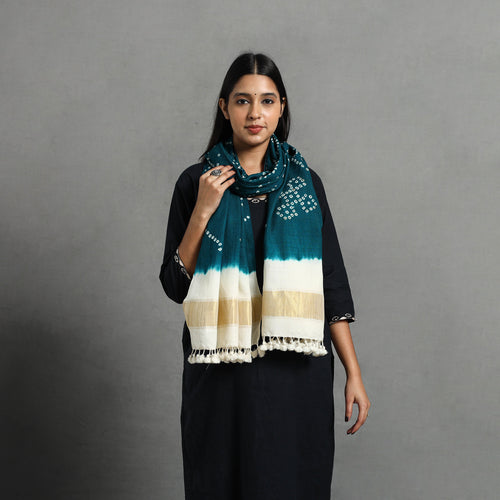 Green - Kutch Handwoven Merino Wool Bandhani Stole with Zari 20