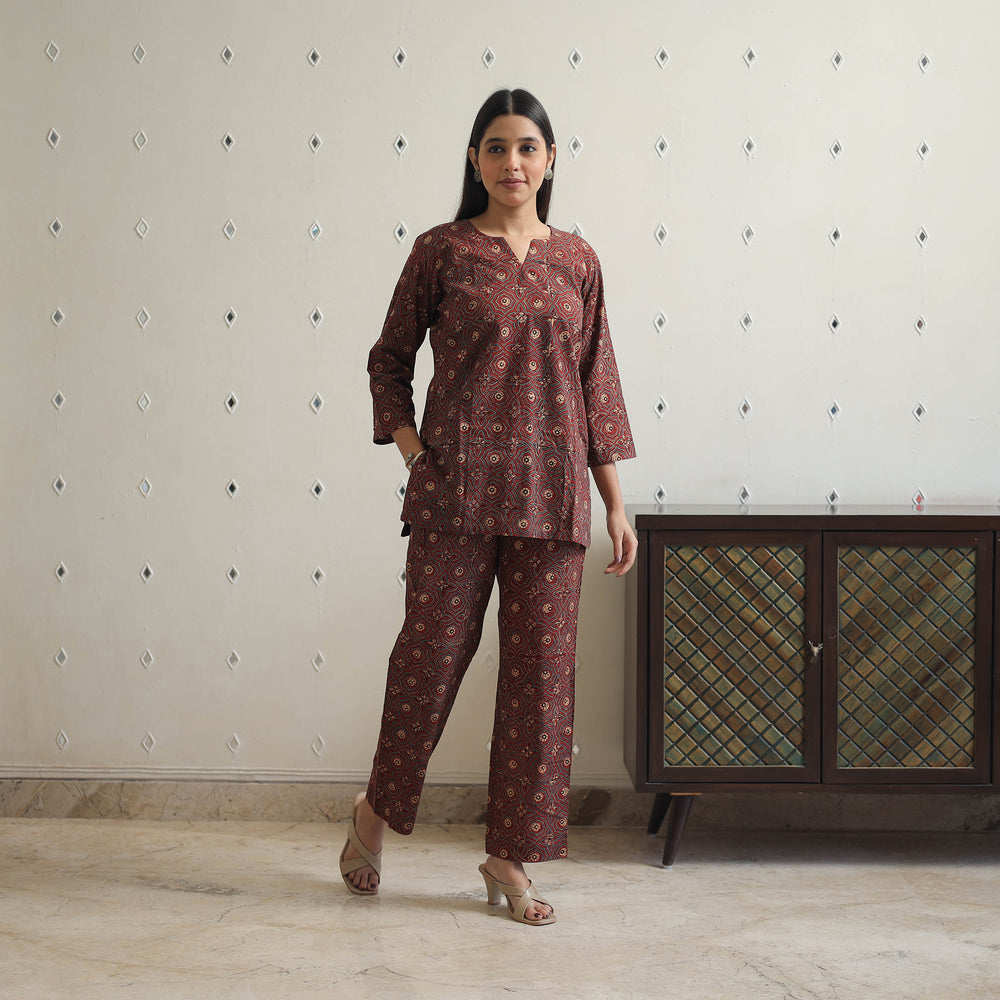 Brown - Block Printed Cotton Ajrakh Co-ord Set 10