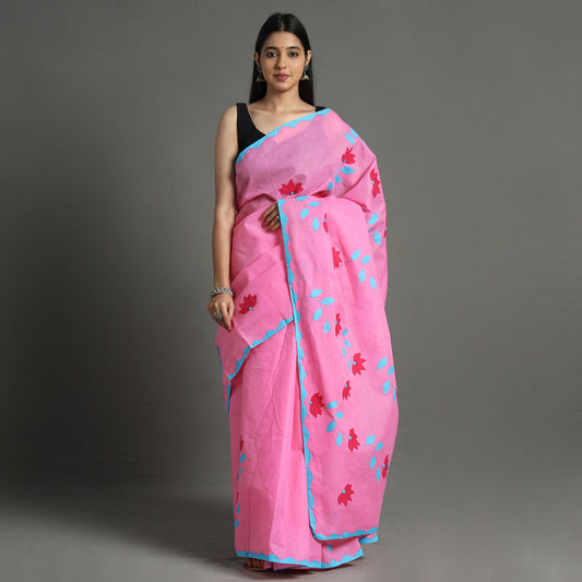 Pink - Applique Patti Kaam Pure Cotton Saree from Rampur 19