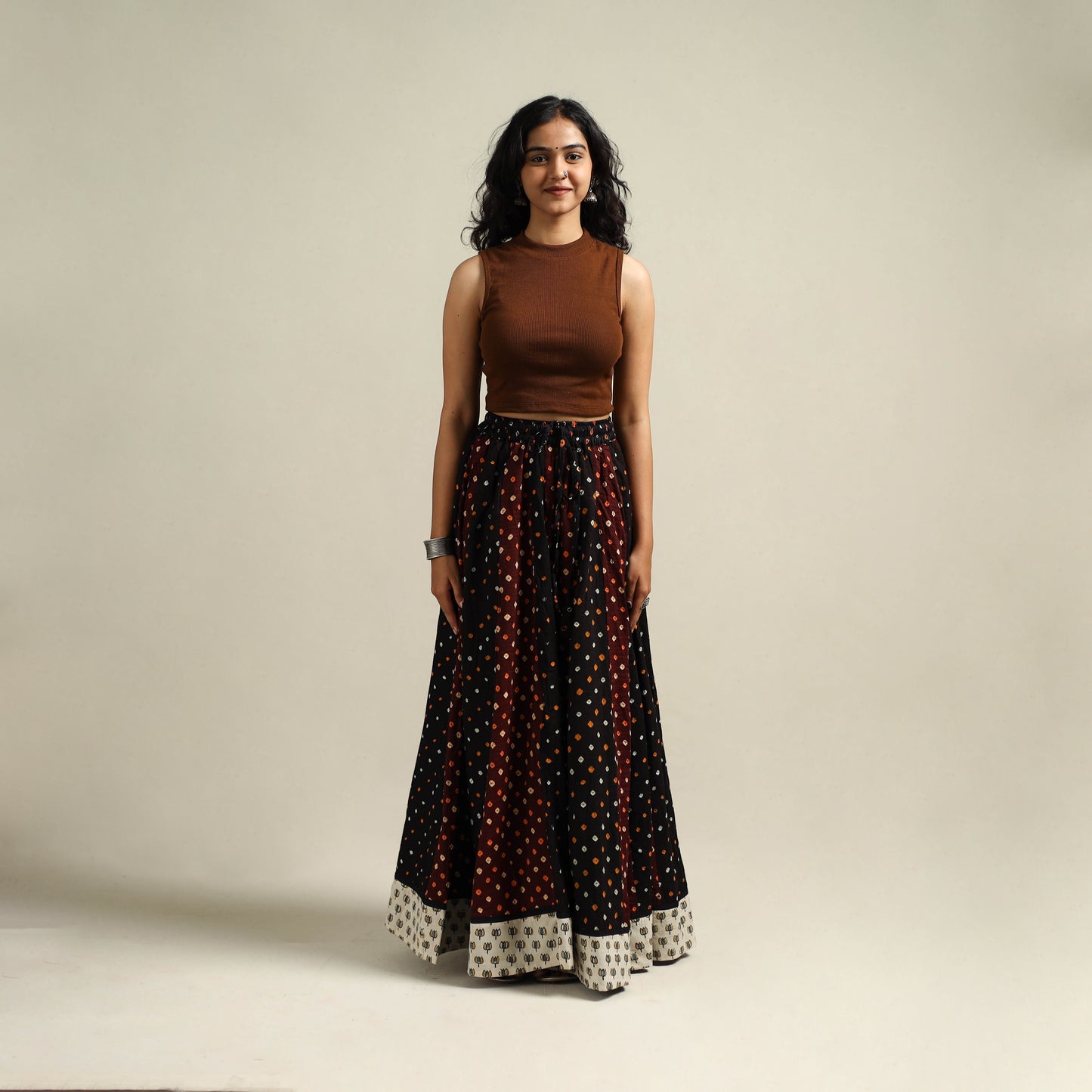 Multicolor - Bandhani Tie-Dye 24 Kali Patchwork Cotton Long Skirt 02
