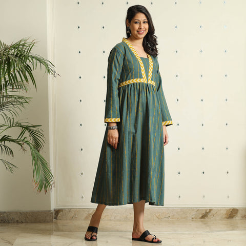 Dark Green - Jacquard Cotton Flared Gher Dress
