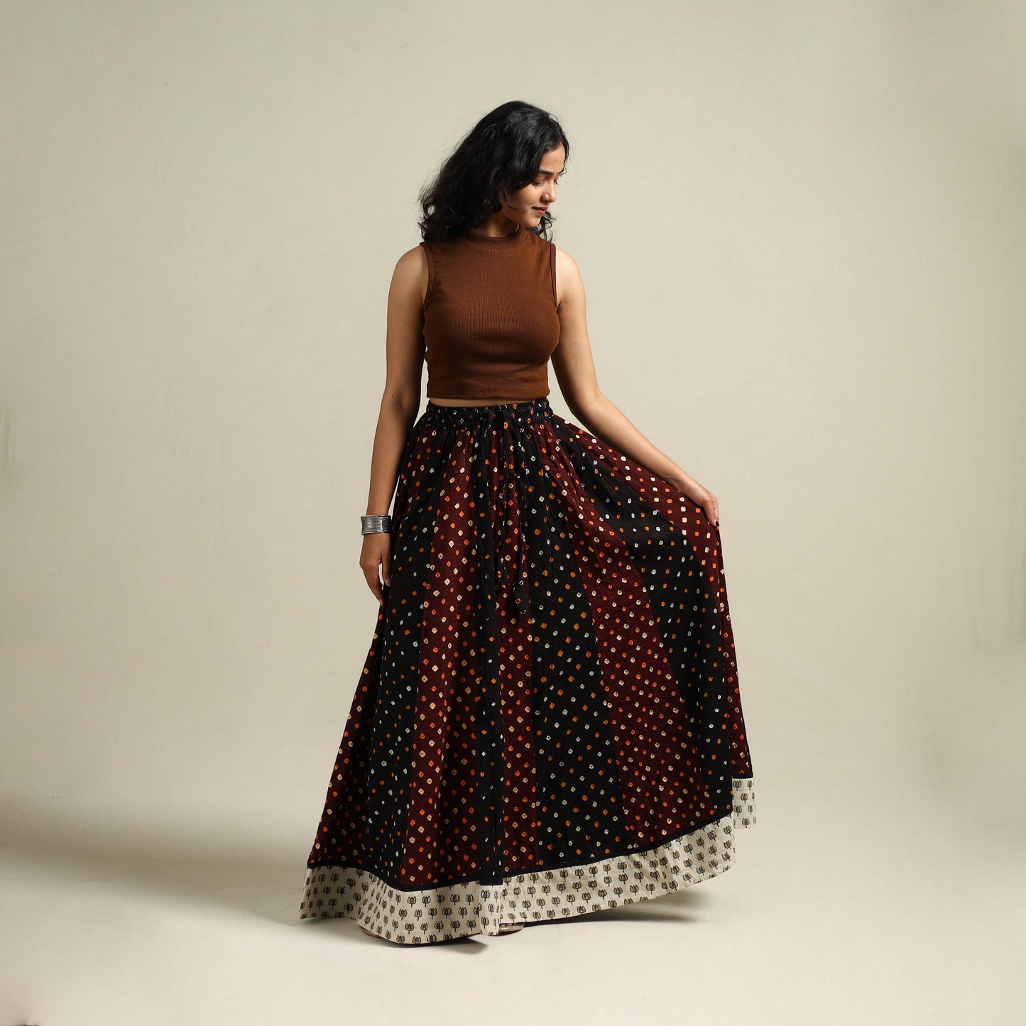 Multicolor - Bandhani Tie-Dye 24 Kali Patchwork Cotton Long Skirt 02