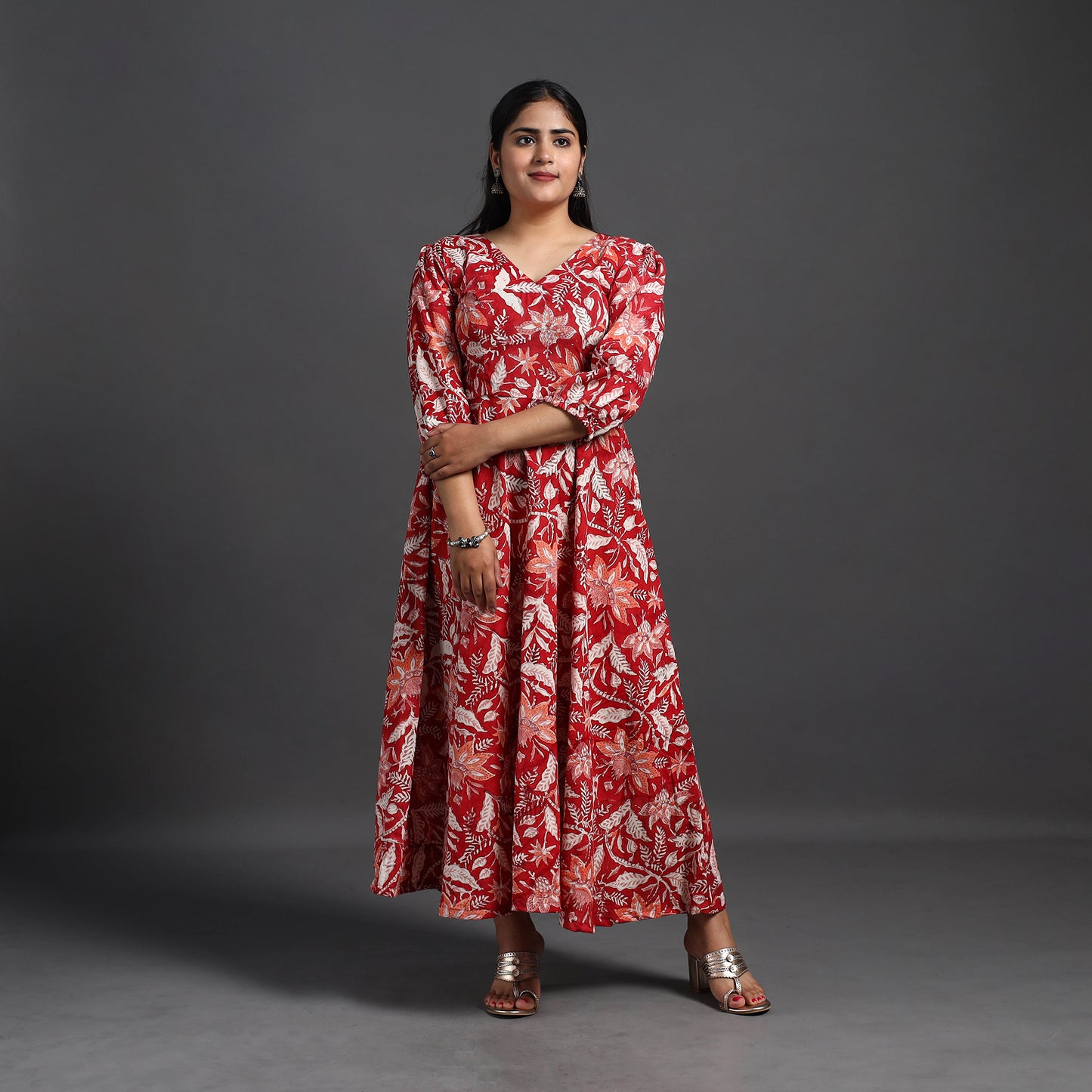 Red - Flared Cotton Block Print Sanganeri Dress 12