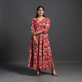 Buy Red Tiered Cotton Block Print Sanganeri Dress