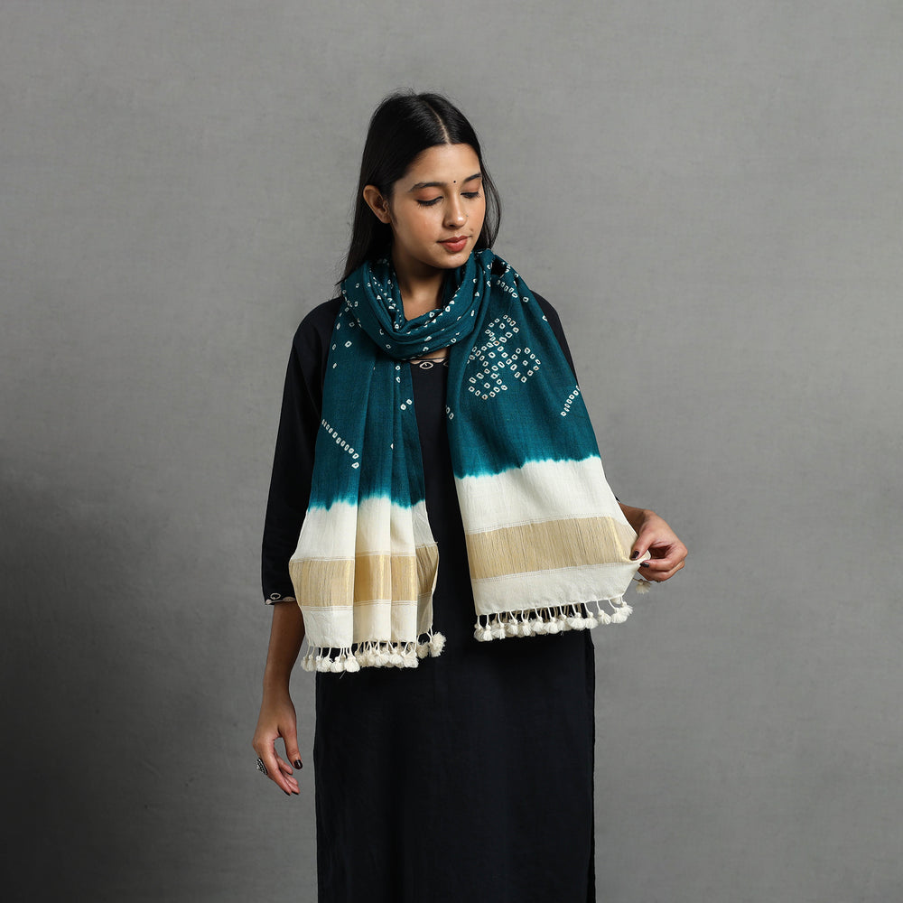 Green - Kutch Handwoven Merino Wool Bandhani Stole with Zari 20