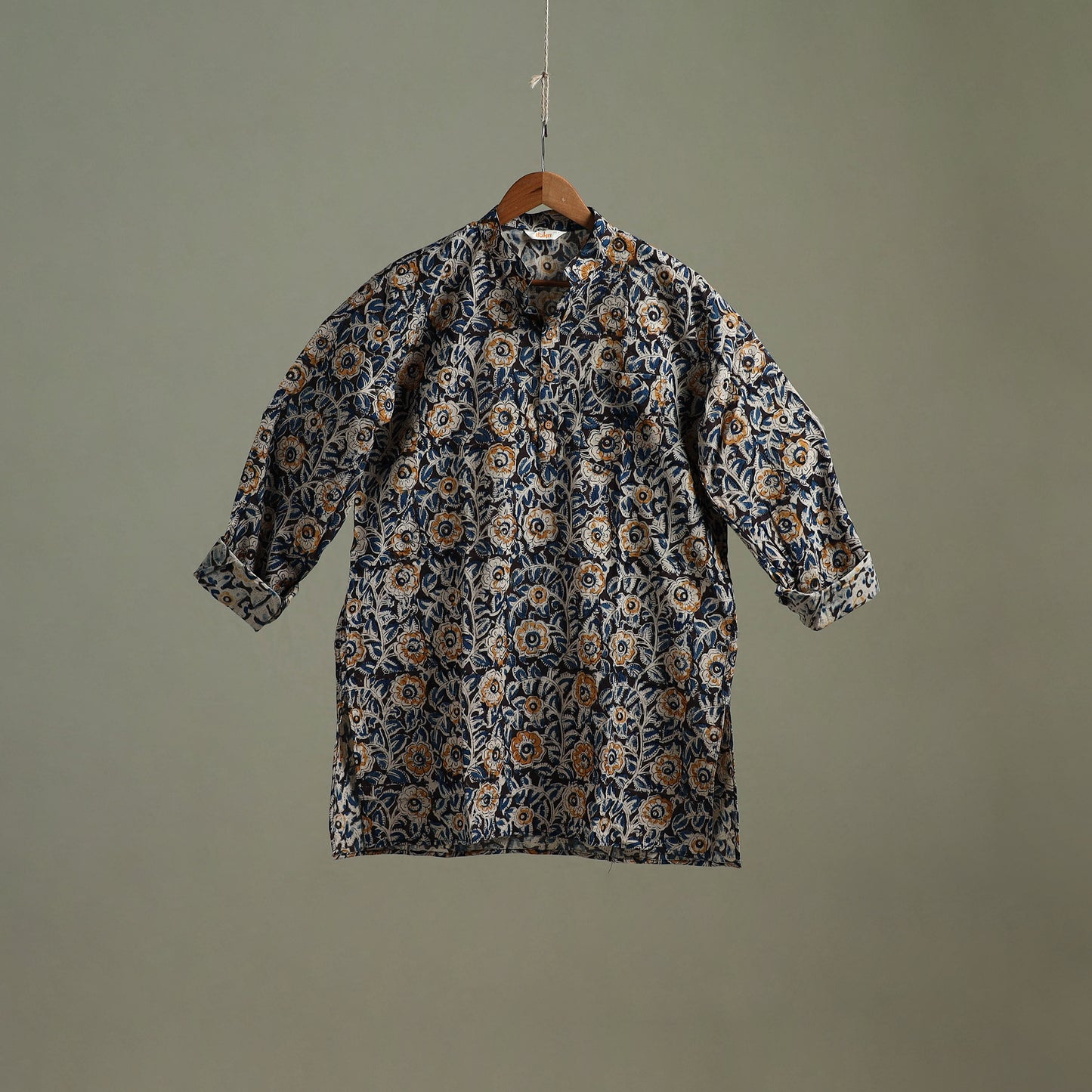 Hand Block Print Natural Dyed Cotton Short Kalamkari Kurta for Men 03