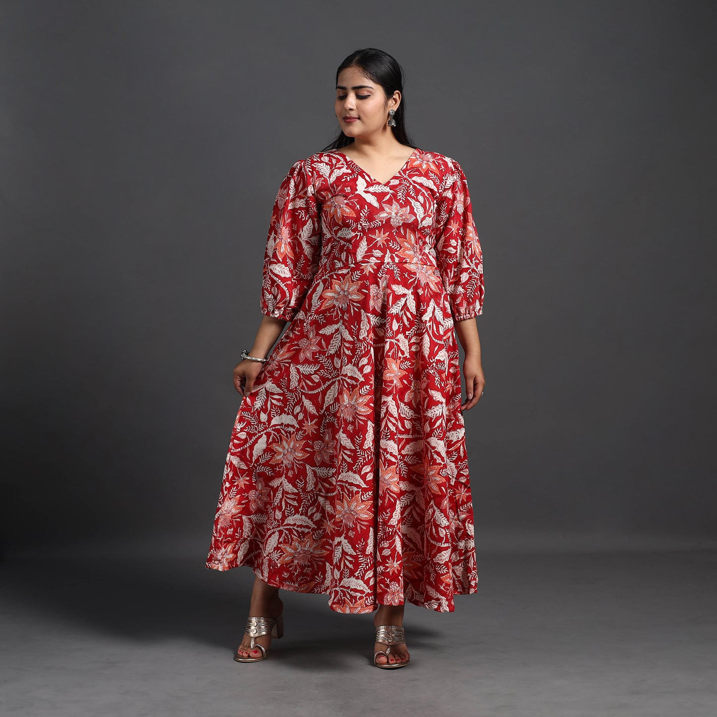 Red - Flared Cotton Block Print Sanganeri Dress 12