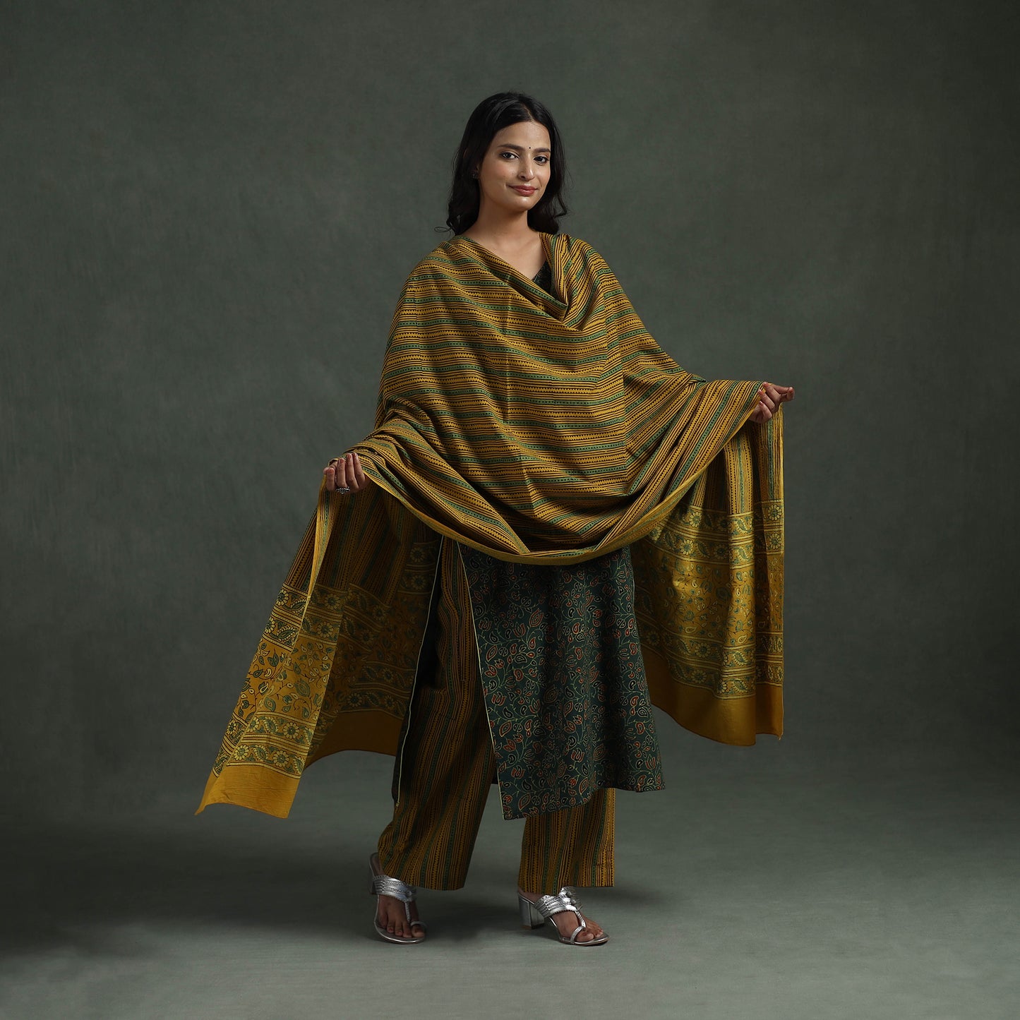 Ajrakh Hand Block Print Natural Dyed Cotton Suit Set with Dupatta for women 04