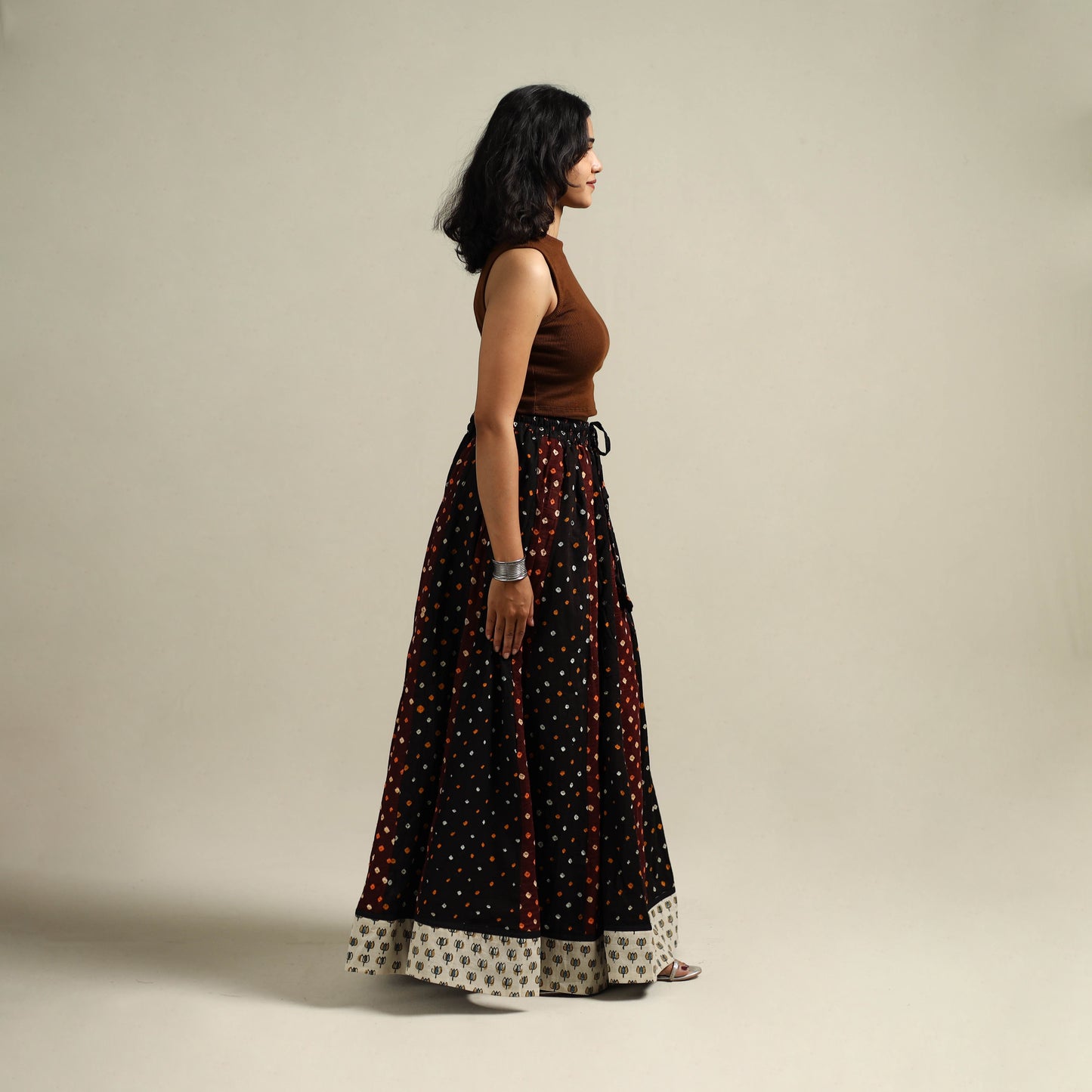 Multicolor - Bandhani Tie-Dye 24 Kali Patchwork Cotton Long Skirt 02