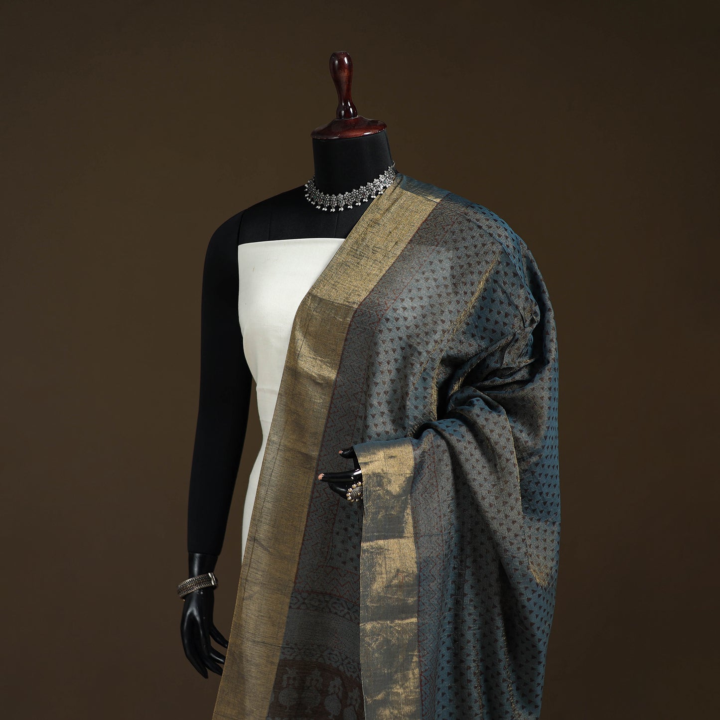 Bagh Hand Block Print Natural Dyed Tissue Zari Chanderi Silk Dupatta 03