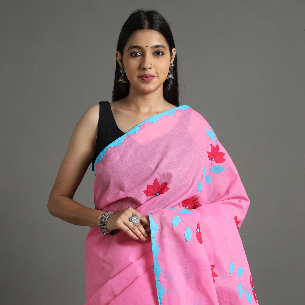 Pink - Applique Patti Kaam Pure Cotton Saree from Rampur 19