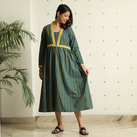 Dark Green - Jacquard Cotton Flared Gher Dress