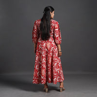 Red - Flared Cotton Block Print Sanganeri Dress 12