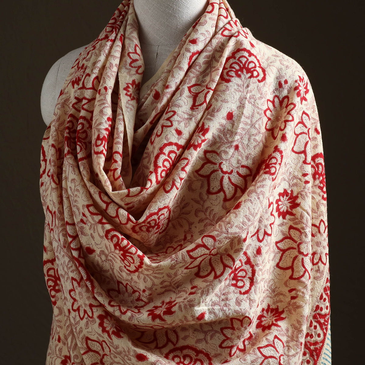 Floral Sanganeri Print Pure Merino Wool Handwoven Shawl 68